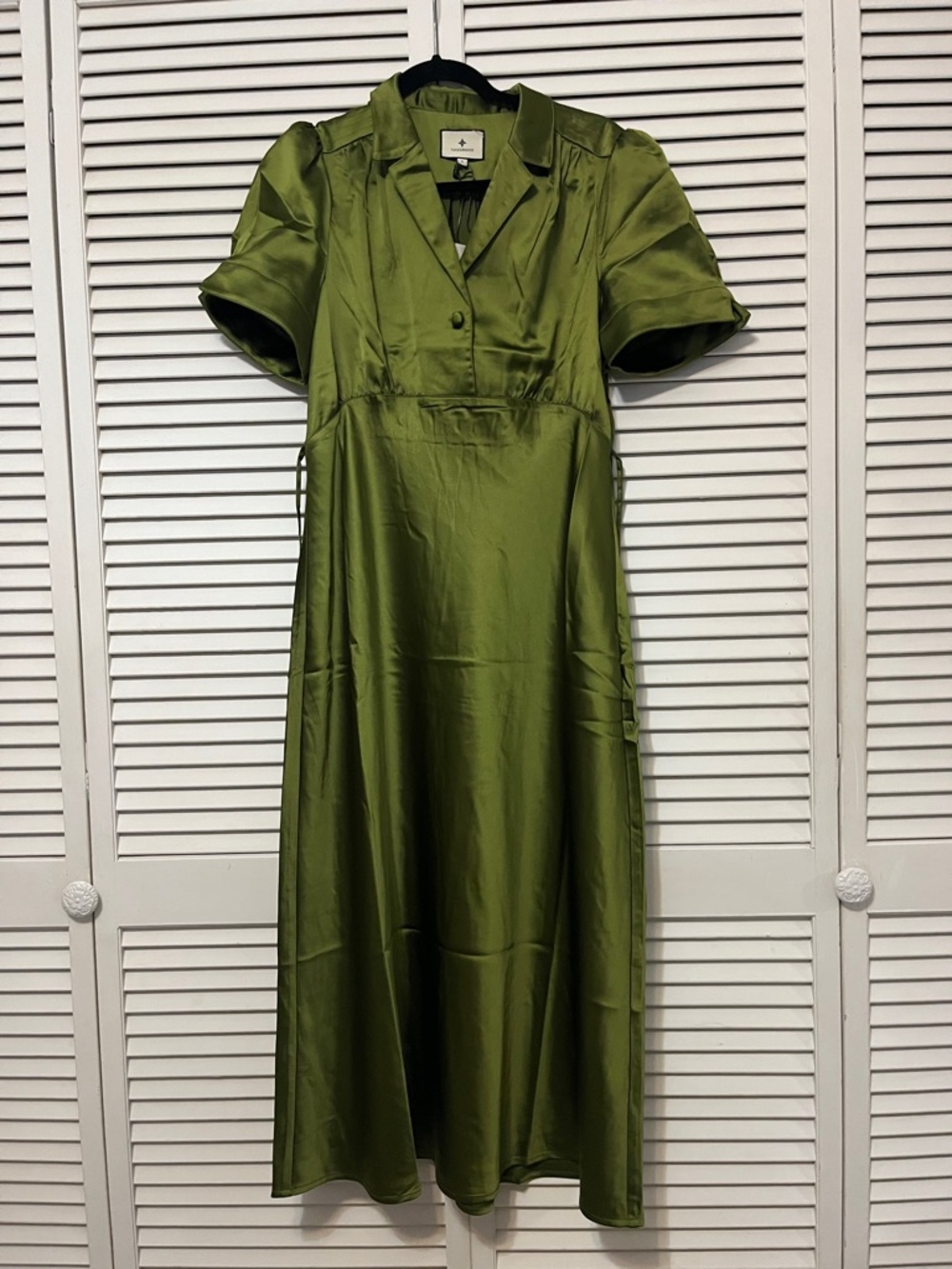 Tuckernuck Olive Satin Midi Dress with Puff Sleeves